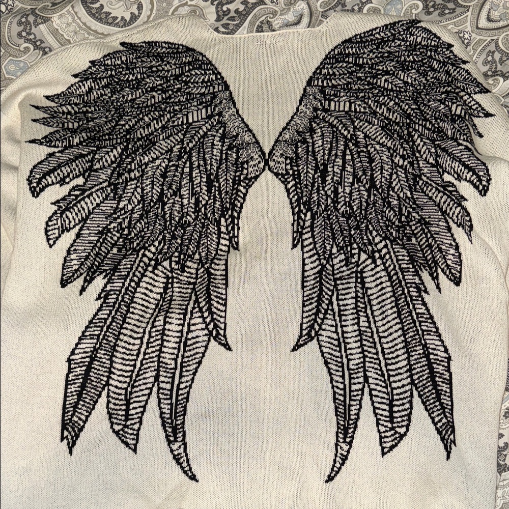 NWOT! Shannon Passero Black Angel Wing Embroidered Cream Sweater